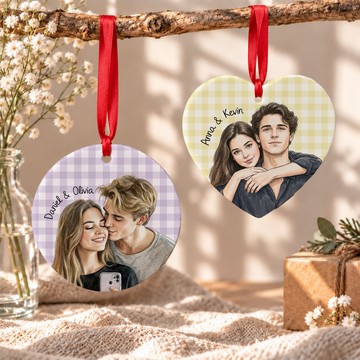 Personalized Couple Watercolor Photo Ornament - Custom Christmas Ceramic Ornament