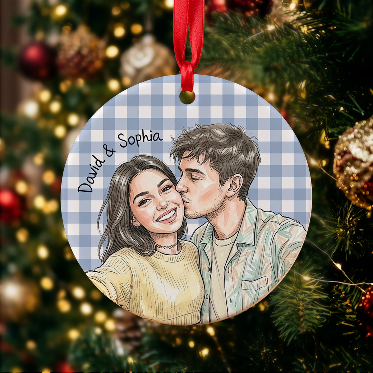 Personalized Couple Watercolor Photo Ornament - Custom Christmas Ceramic Ornament